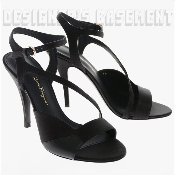 SALVATORE FERRAGAMO Black leather & satin 7.5 OLGA Slingback Heel Sandals NIB - Picture 1 of 8